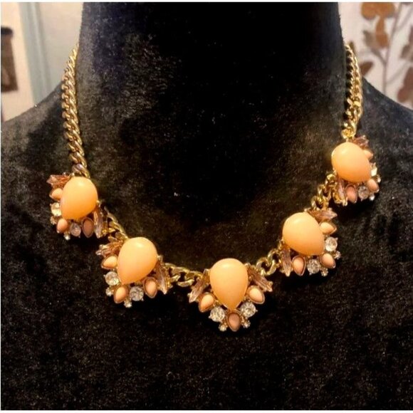 Express Necklace Gold Tone & Peach Floral Statement with Rhinestones 18” length - Picture 3 of 8